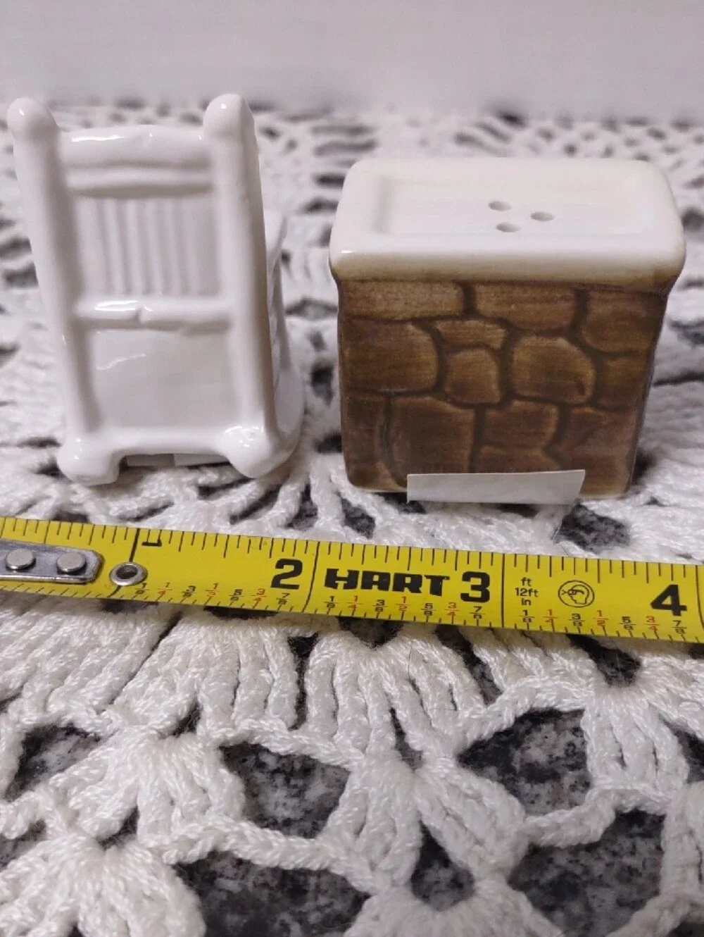 White Ceramic Rocking Chair & Brown Ceramic Fireplace Salt and Pepper Shakers